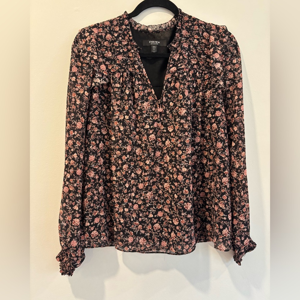 Ever New Black & Pink Floral Peasant Long Sleeve Blouse | Size S